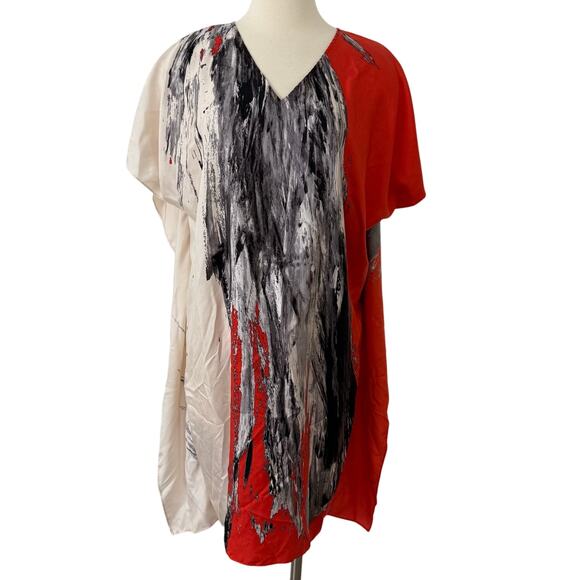 Natori Josie Silk Short Caftan Dress Abstract Orange White Print S - Picture 1 of 12